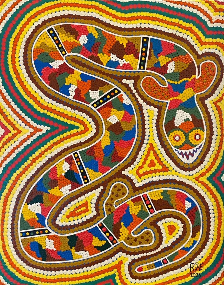 colourful indigenous dot painting with serpent