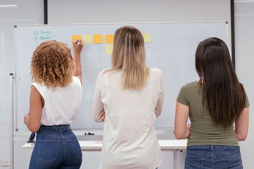 Three women at whiteboard.