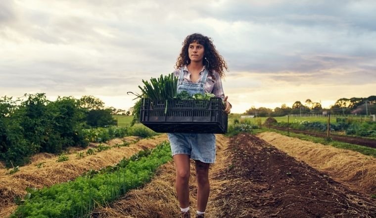A woman carrying a crate of fresh produce on a farm.