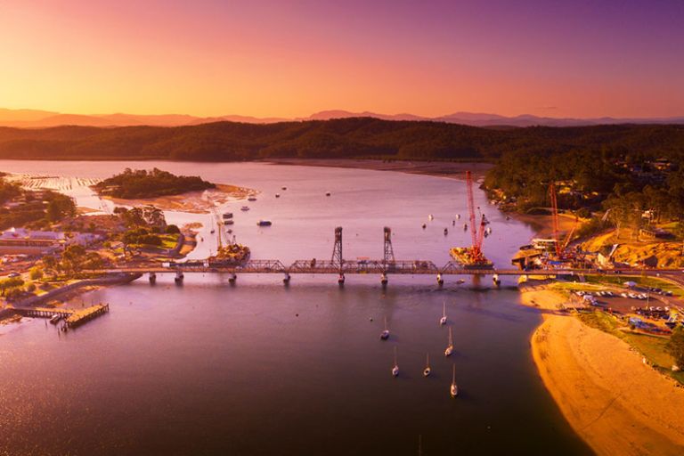 Aerial shot of Batemans Bay in dawn light