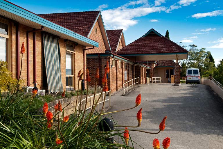 Exterior of the Blue Mountains Hospital showing entrance