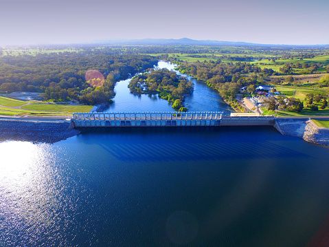 Aerial view of bridge and water at start of Hume Weir, Murray River, Albury NSW