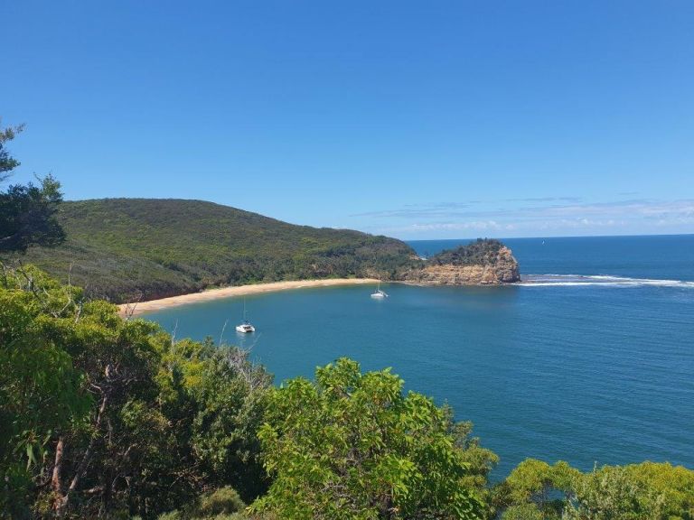 Overlooking Maitland Bay. Image has blue water, a strip of sand and bushland.