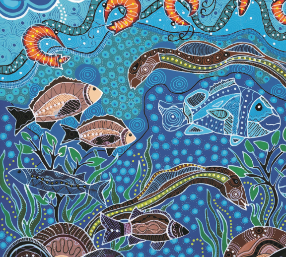 Bindarray Maagun (River Feast) by Gumbaynggirr artist Lavinnia Inglis