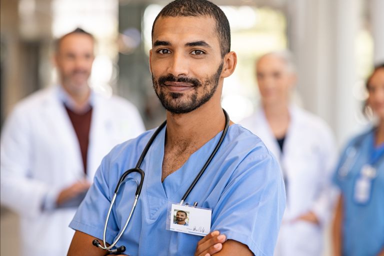 Middle Eastern Doctor standing in a hospital