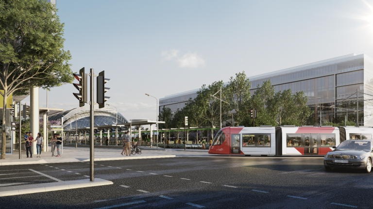 An artist impression of the Parramatta Light Rail Australia Avenue, Sydney Olympic Park