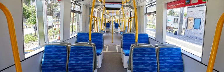 Light rail vehicle features with spacious seating.