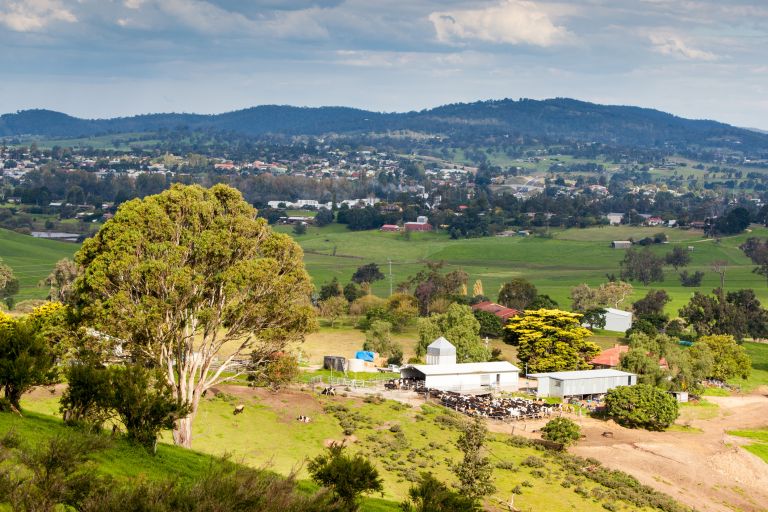 A view over Bega and surrounding farmland on a sunny day in New South Wales, Australia