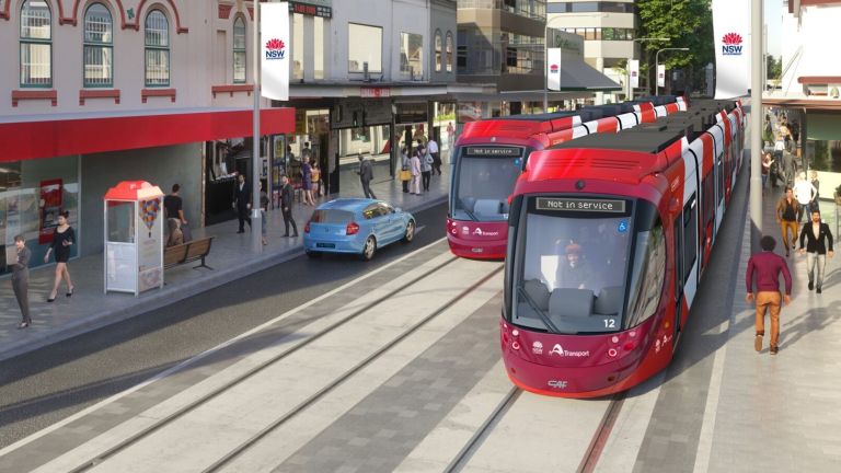 A graphic showing the new Parramatta Light Rail resting at a station during the day time.