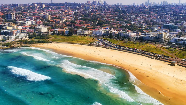 aerial view of a beach with houses in the background