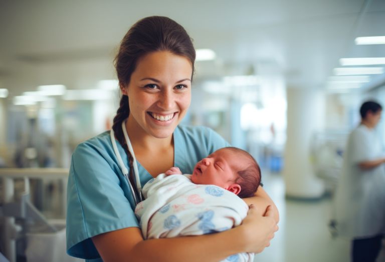 Nurse holding newborn baby 