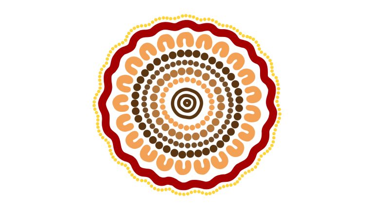 Aboriginal artwork depicting communities, with bright colours and vivid central circles.