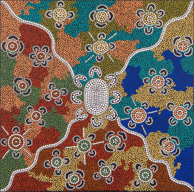 Aboriginal artwork made of of circles art that represents the areas of NSW (N, S, E, W)