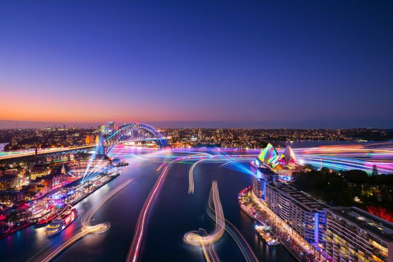 Views of Harbour Lights installations on marine vessels moving across Sydney Harbour during Vivid Sydney 2018