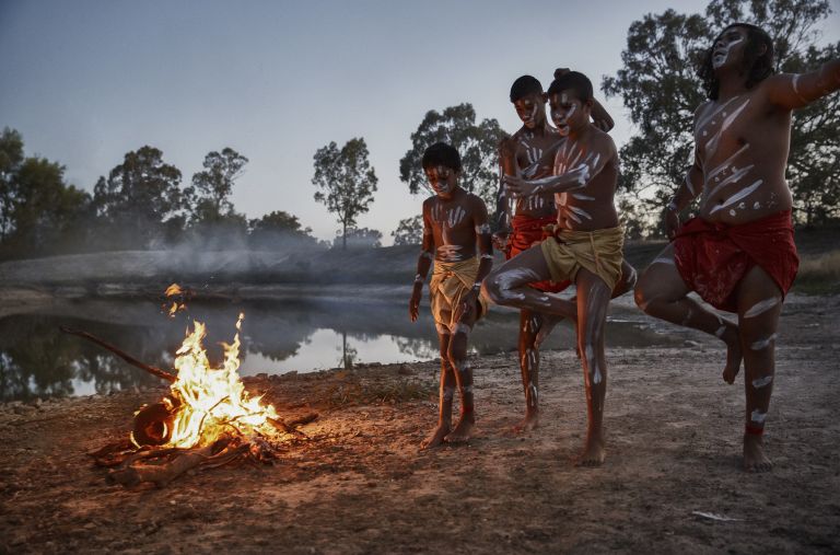 Males from the Barkindji nation dancing besides the Darling River, Wilcannia.