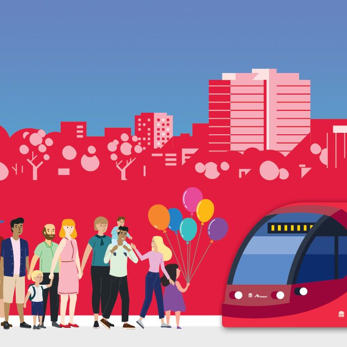 Animated image showing people with light rail vehicle at an event