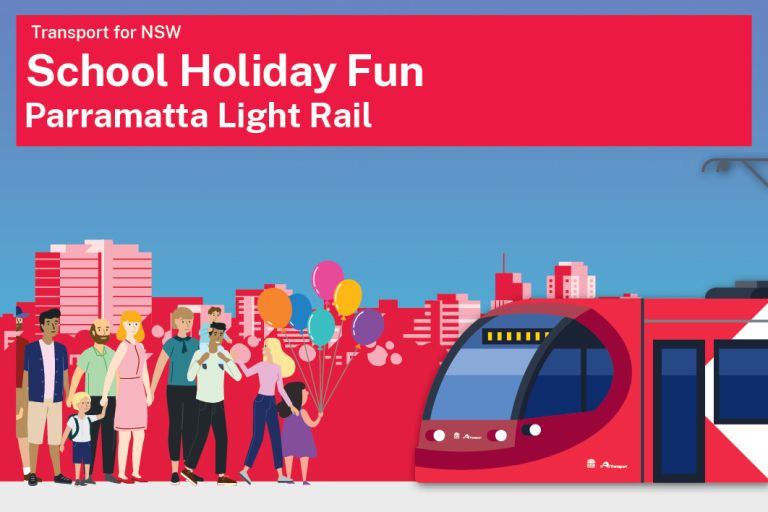 animation image of people and light rail vehicle to promote Parramatta Light Rail school holiday program