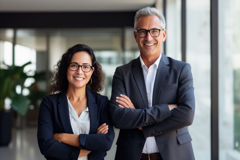 A woman and man are formally dressed, standing with arms crossed, facing forward and smiling.