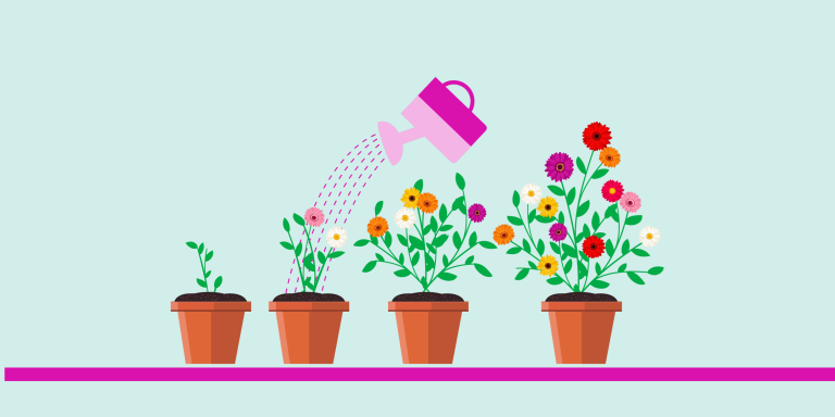 Generic Rural Women's Gathering banner with four flower pots and pink watering can.