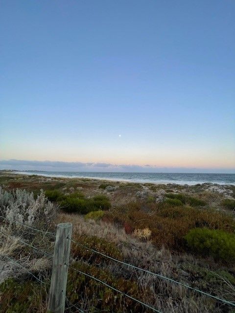 Fence in foreground, scrub, sand, ocean and moon 
