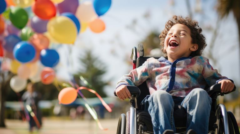 Joyful child sitting in their wheelchair in a park with balloons in the background 