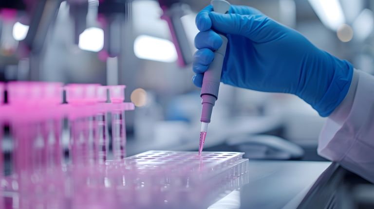 close up of scientist hands pipetting sample into dish for DNA testing in laboratory