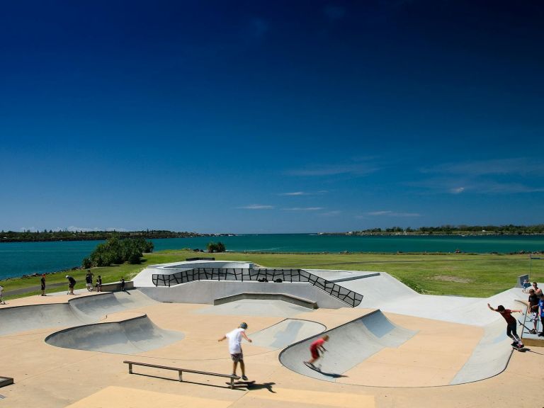 Aerial of skate park with river behind