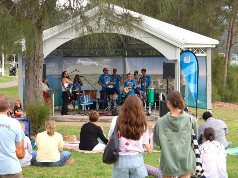 Musicians performing in the rotunda at Warners Bay foreshore