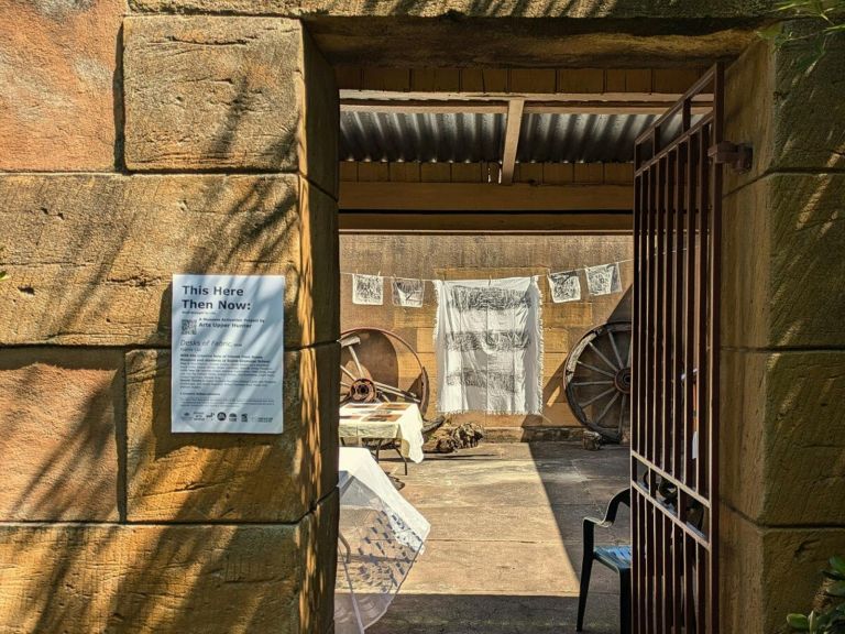 Temporary installation view of exhibition Desks of Fabric by Sophie Cox at Scone Museum