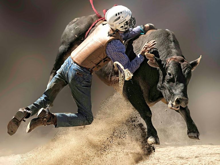 A Man Jumping on a Bull in a rodeo