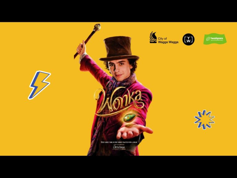 yellow background with an image of willy wonka holding a chocolate