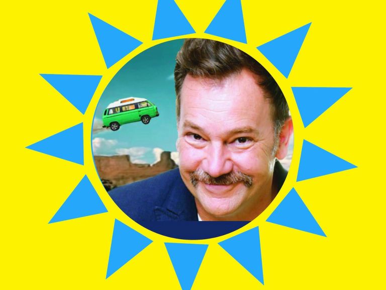 man smiling with a flying car in the background, framed by a sun