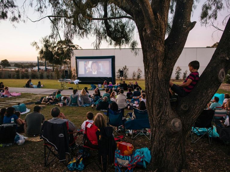 People viewing movies on a grass  area kids viewing from tree.