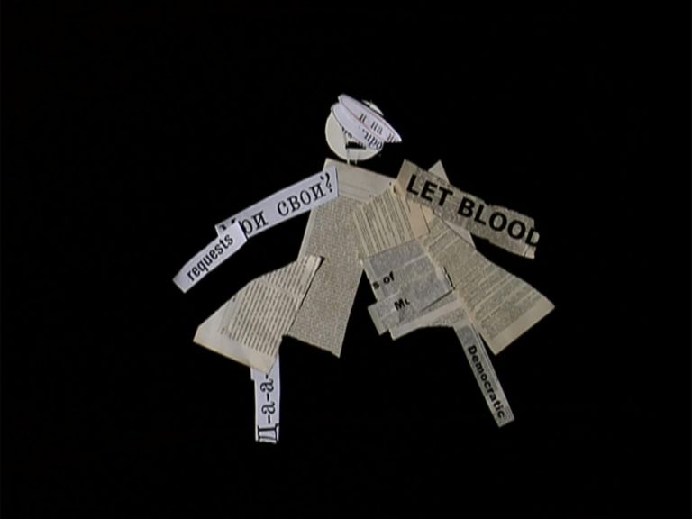 A collage figure of a person made from text cut from newspaper