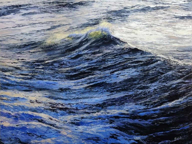 Oil painting of an ocean wave in blues , whites and golden highlights.