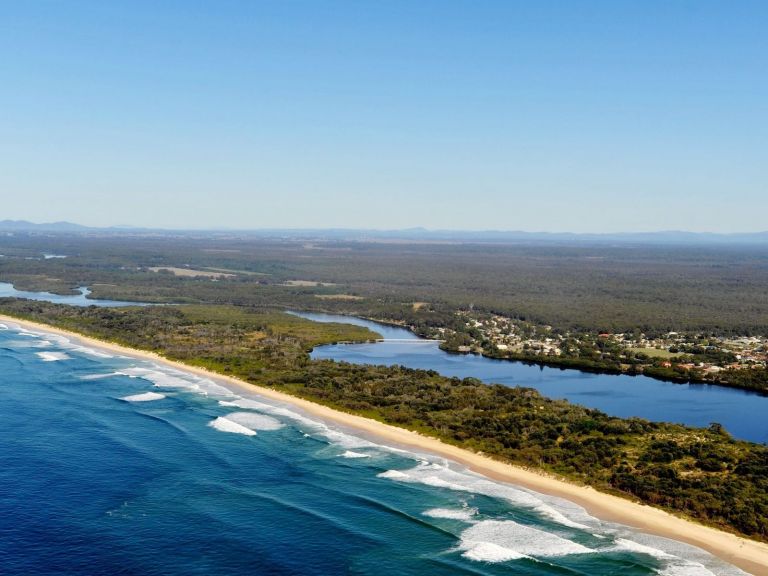 Aerial view looking south west of Stuarts Point Beach