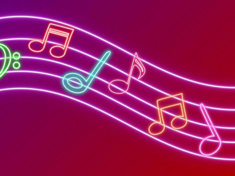 A visual neon musical score across the image in bright colours