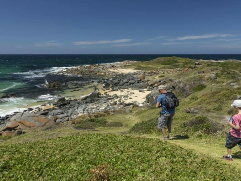 A father and son walking towards the beach at Bingi Bingi Point in Eurobodalla National Park. Photo: