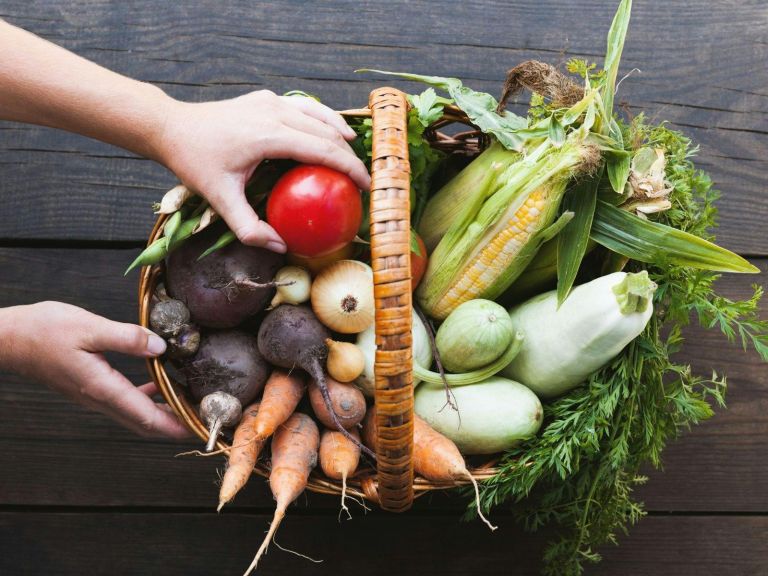 Basket of fresh fruit and vegetables