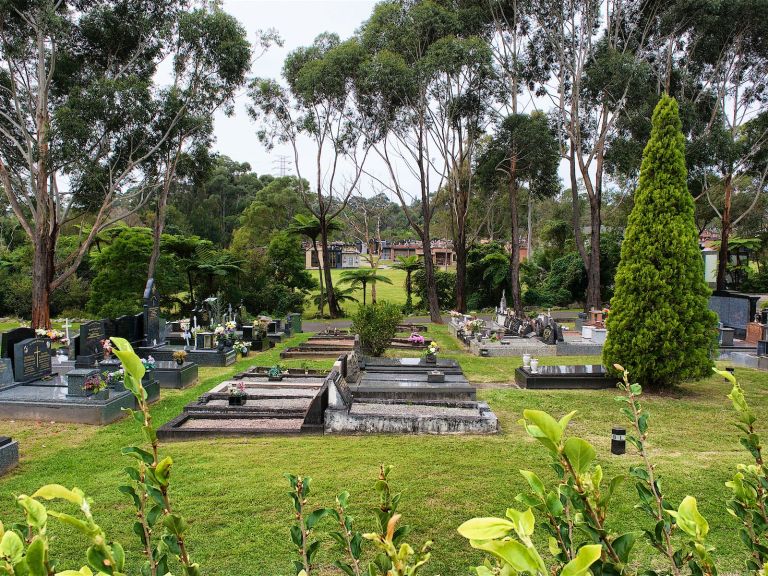 cemetery with graves surrounded by trees