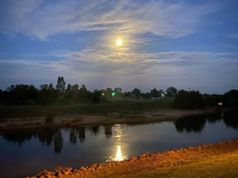 A river with a body of water and a moon in the sky