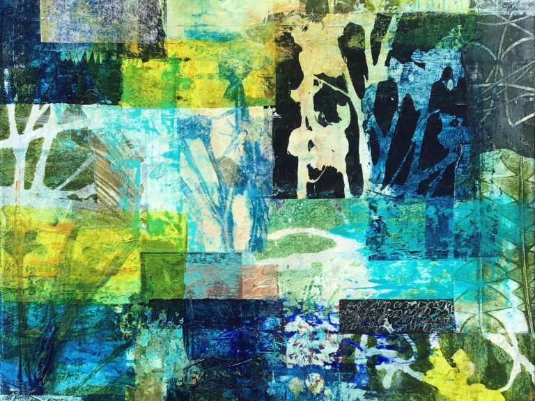 A mixed media abstract painting of natural forms and silhouettes in blue, green and yellow hues