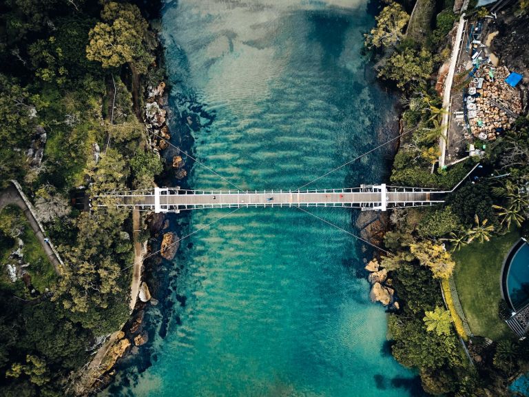 Aerial overlooking the Parsley Bay Bridge in Vaucluse, Sydney