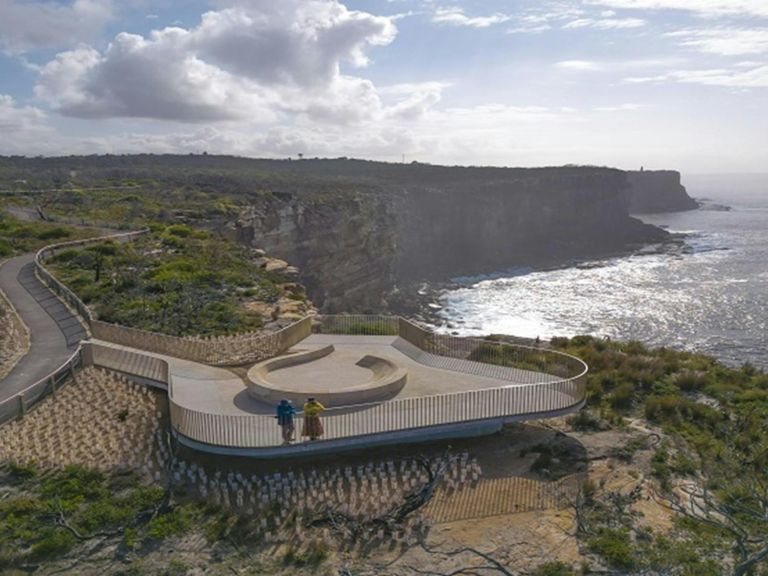 Yiningma lookout, aerial view of Bluefish Point from North Head. Photo: John Spencer &copy; DCCEEW