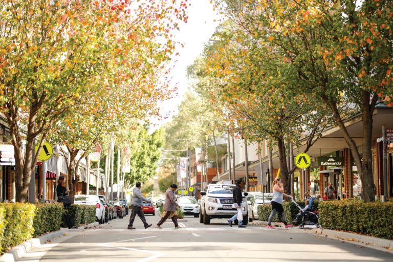 A photo of people walking across a pedestrian crossing on a tree-lined street. Photo credot: NSW Department of Planning and Environment / Salty Dingo.
